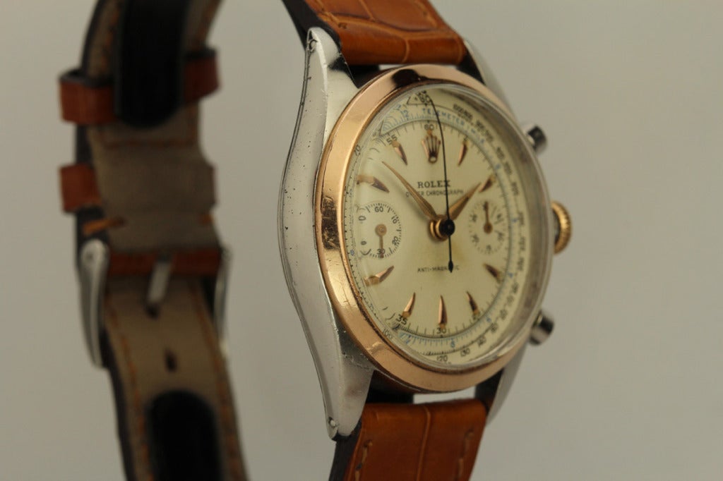 Men's Rolex Stainless Steel and Rose Gold Chronograph Wristwatch Ref 4500 circa 1940s