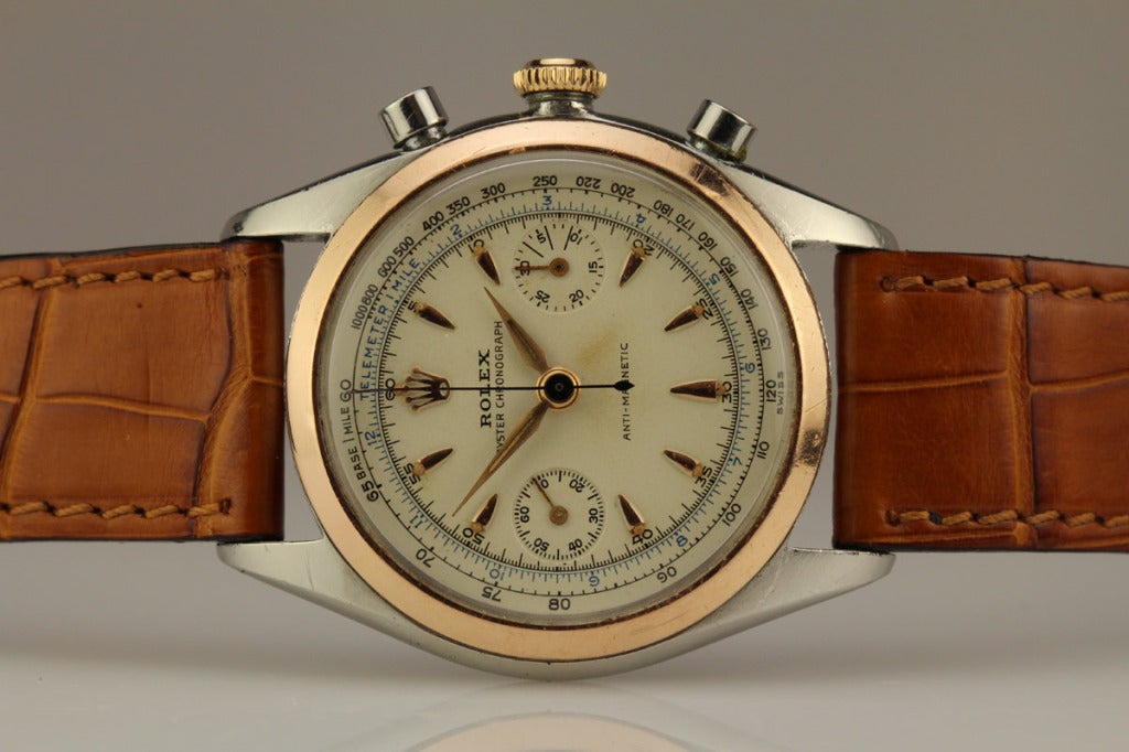 Rolex Stainless Steel and Rose Gold Chronograph Wristwatch Ref 4500 circa 1940s 2