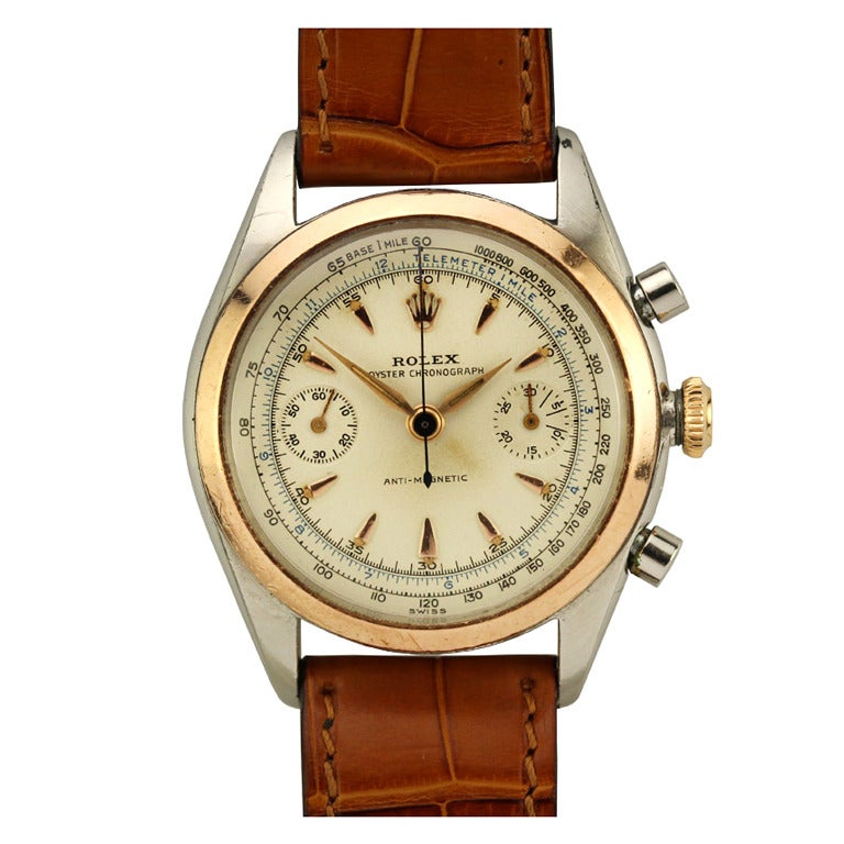 Rolex Stainless Steel and Rose Gold Chronograph Wristwatch Ref 4500 circa 1940s