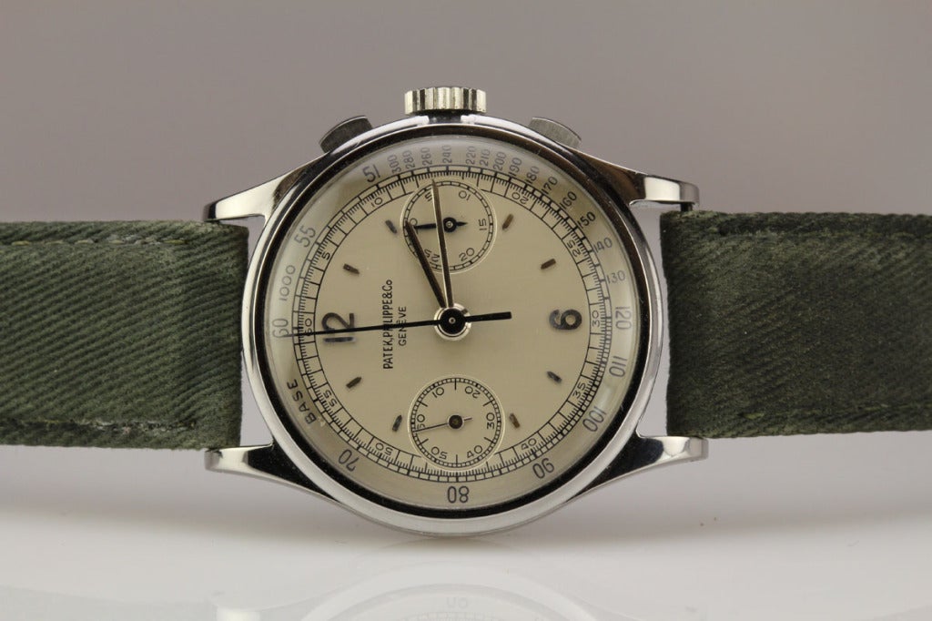 Patek Philippe Stainless Steel Chronograph Wristwatch Ref 130 circa 1930s In Excellent Condition In Miami Beach, FL
