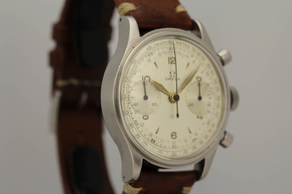 Omega Stainless Steel Oversized Chronograph Wristwatch circa 1950s In Excellent Condition In Miami Beach, FL