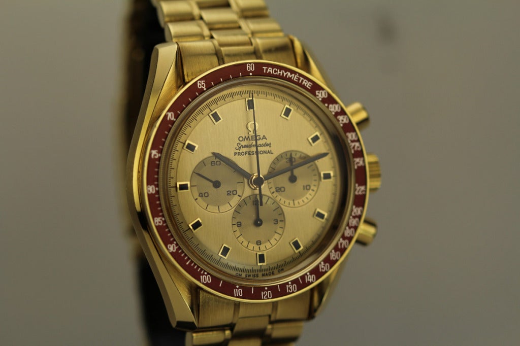 Omega Yellow Gold Speedmaster Apollo XI Wristwatch circa 1969 In Excellent Condition In Miami Beach, FL