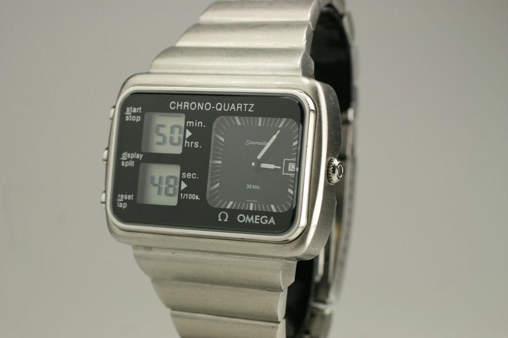 The Omega Chrono-Quartz was made in limited numbers especially for the 1976 MONTREAL OLYMPIC games. This was one of the first “hybrid” watches with both analogue display for the time functions and LCD (liquid crystal digital) display for the