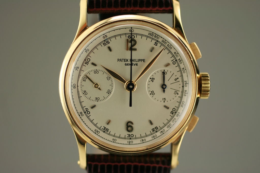 This is a great entry level collectible Patek Philippe Chronograph reference 130. The watch was just serviced by Patek Philippe, has a service sticker and tag. The dial is a replacement dial by Patek Philippe. The case and movement are mint.