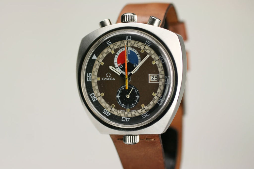 This is a rare 1970s Omega Seamaster known as the Bullhead.  The watch is in excellent condition with the original multi-color dial and inner rotating bezel.   This is a very difficult watch to find especially in such nice condition.
