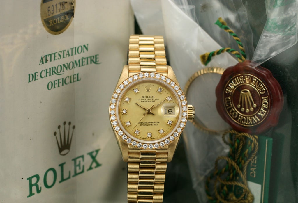 ROLEX President Ladies' Date Just Yellow Gold & Diamonds Ref 69178 In Excellent Condition In Miami Beach, FL