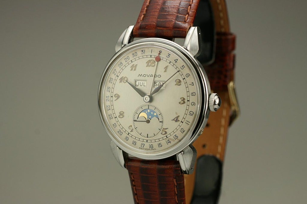 This is a great example of a vintage Movado moonphase from the 1950s.   The dial is in minty condition and 100 percent original. Typically this model has very dirty or restored dials.  The case and the movement are also in minty condition.  This is