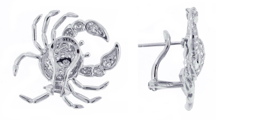 These fun and beautiful Tiffany & Co. platinum crab earrings feature 104 diamonds with a total weight of 2.50 carats.