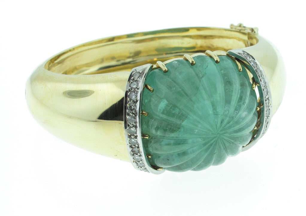 Carved Emerald Diamond Gold Bracelet at 1stdibs
