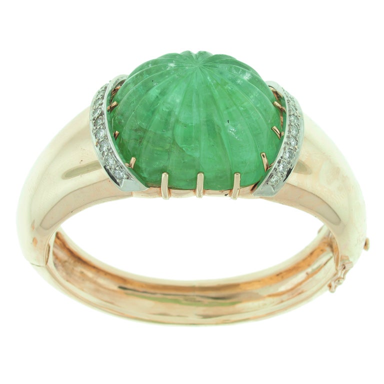 Carved Emerald Diamond Gold Bracelet at 1stdibs