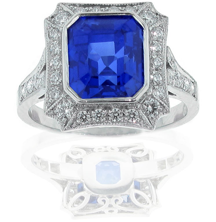 Emerald Cut Burma Not Heat Sapphire and Diamond Ring For Sale