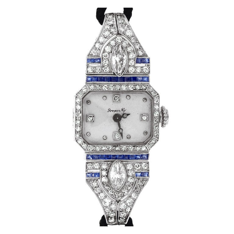 C.H. Meylan Made for Grogan Co. Diamond and Sapphire Art Deco Wristwatch