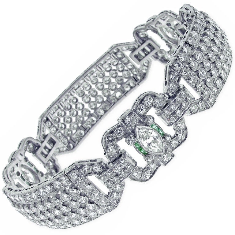 Diamond and Emerald Art Deco Wide Bracelet