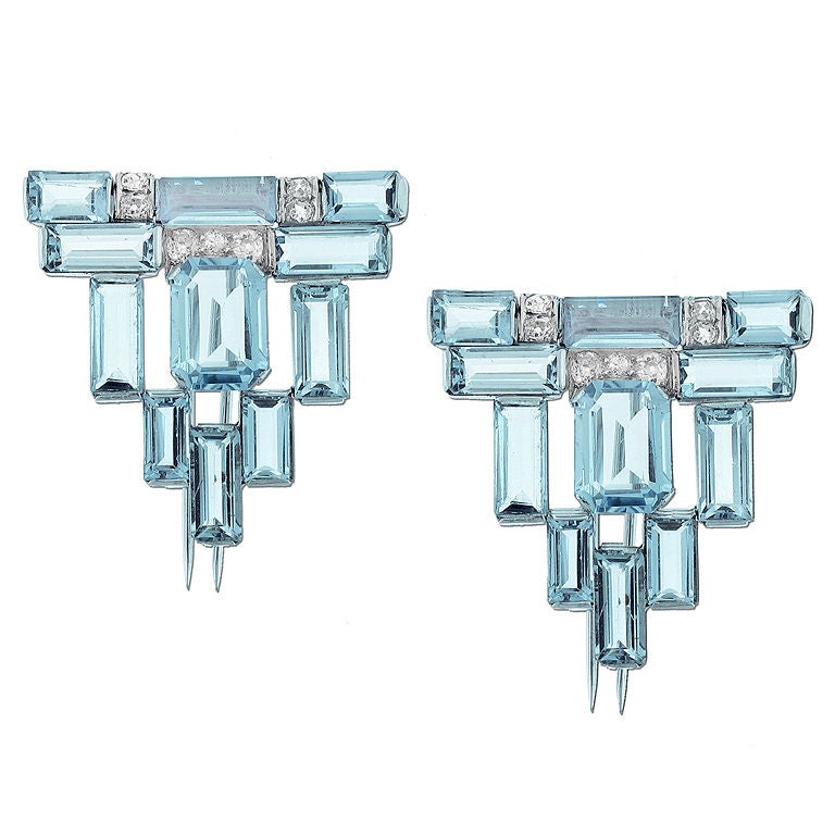 Aquamarine and diamond Art Deco clips