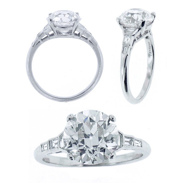 Platinum diamond solitaire featuring a center old european cut diamond weighing 3.03 carats, I color VS2 clarity G.I.A.