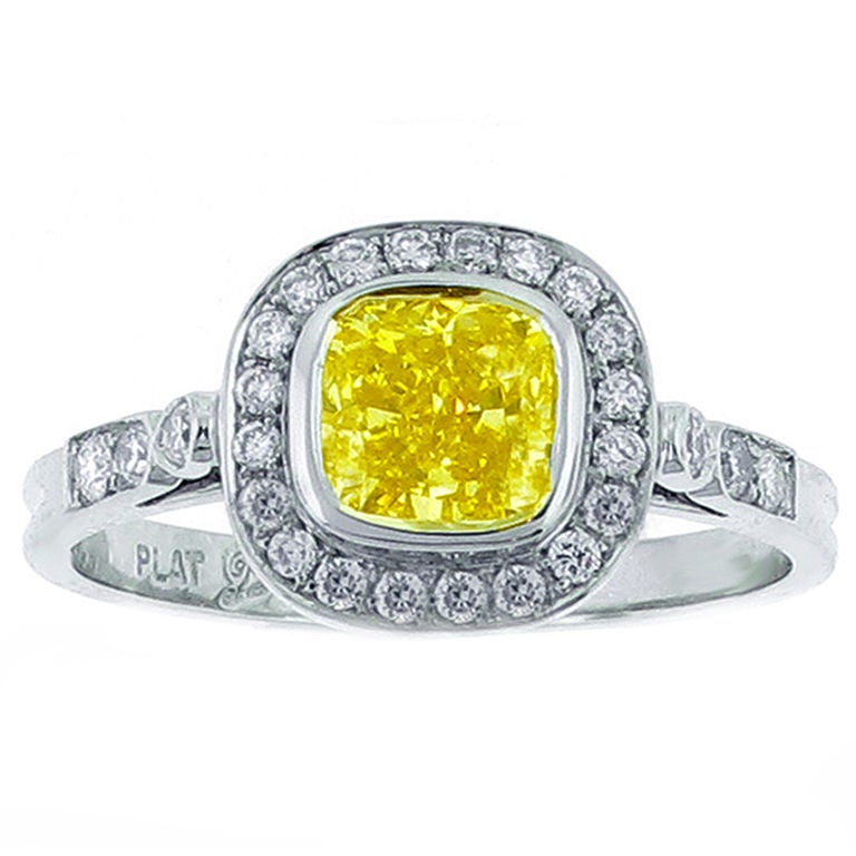 Cushion Cut Fancy Intense Yellow Diamond Ring