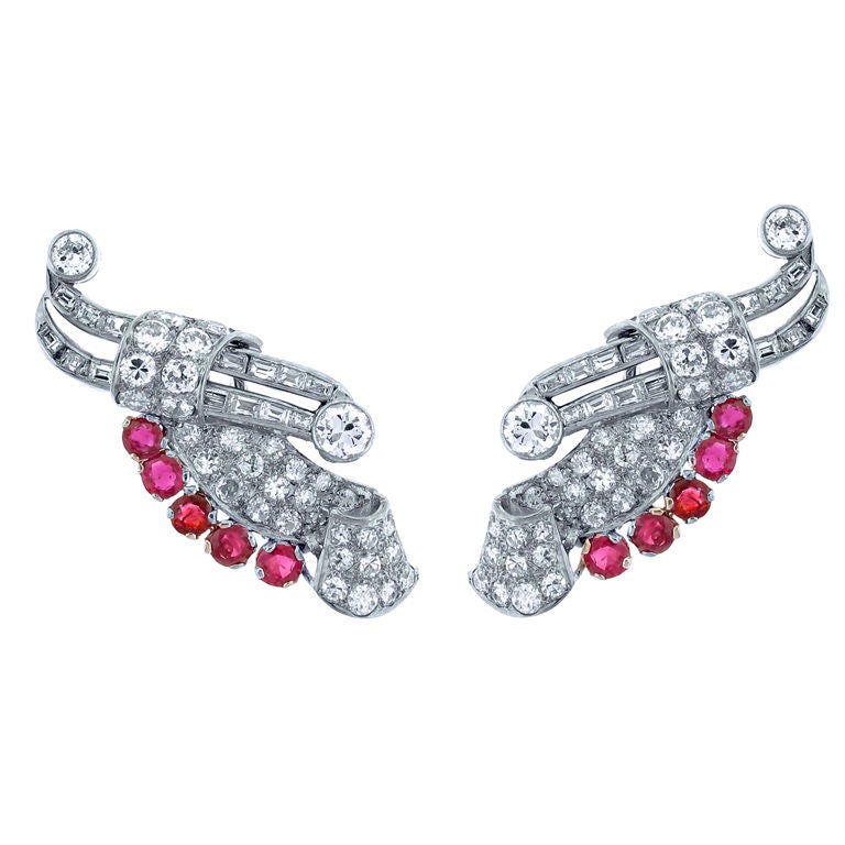 Platinum ruby and diamond wing earrings For Sale