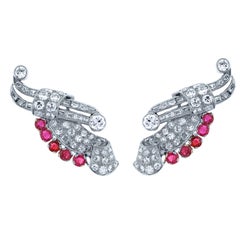Vintage Platinum ruby and diamond wing earrings