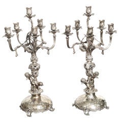 Antique 6 lights German silver candelabras with putti