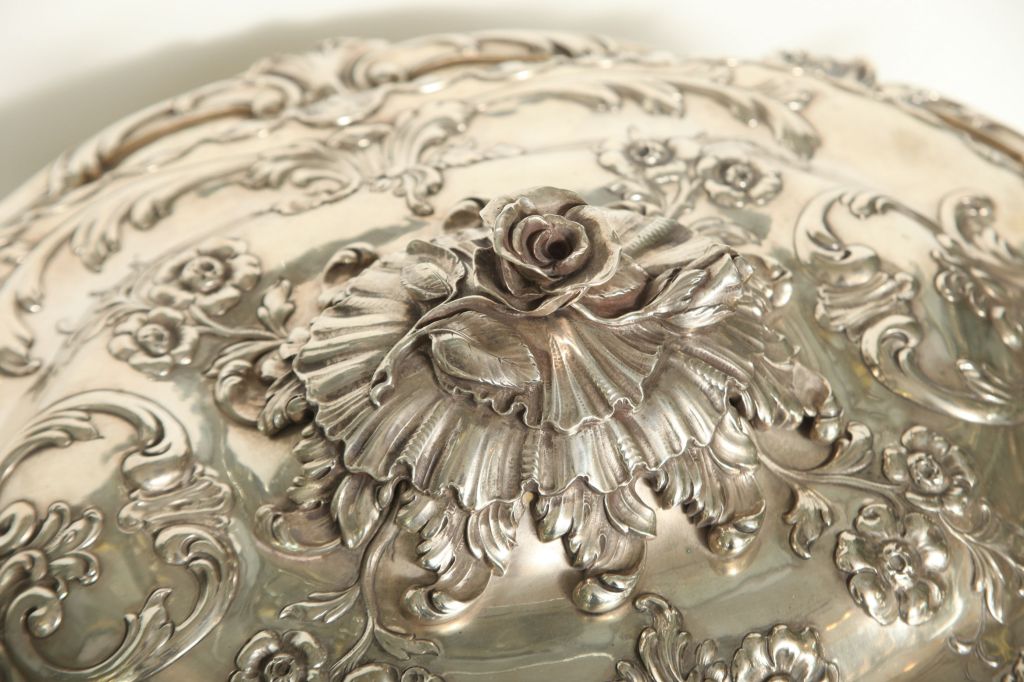 Sterling silver German soup tureen decorated with flowers and flower finial