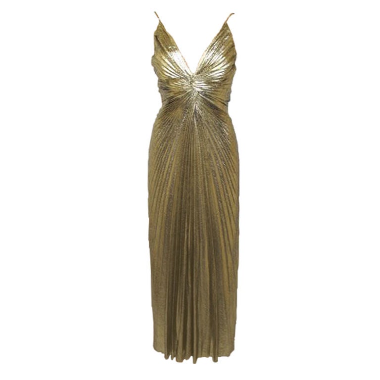 TRAVILLA Metallic Gold Pleated Goddess Gown For Sale