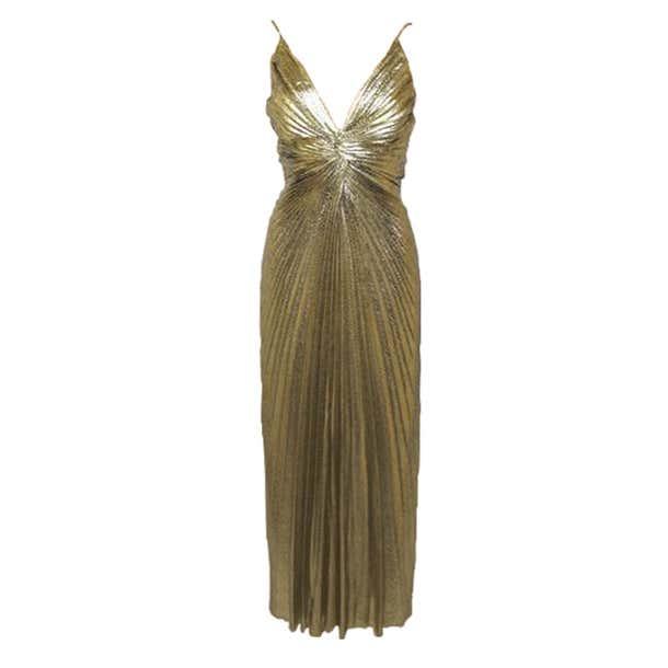 TRAVILLA Metallic Gold Pleated Goddess Gown For Sale at 1stDibs