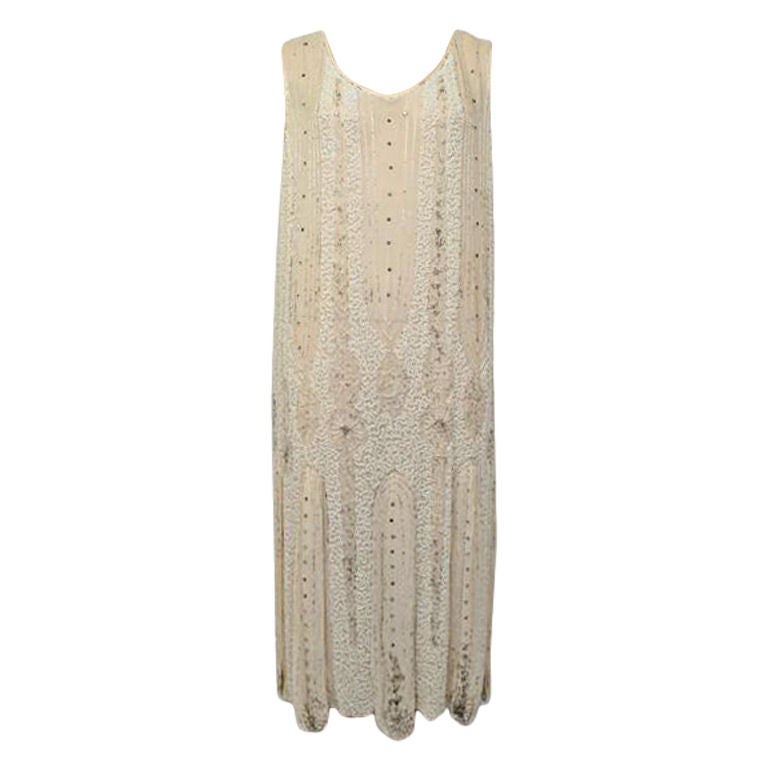 1920's Ivory Silk Beads & Rhinestone  Carwash Hem Flapper Dress For Sale