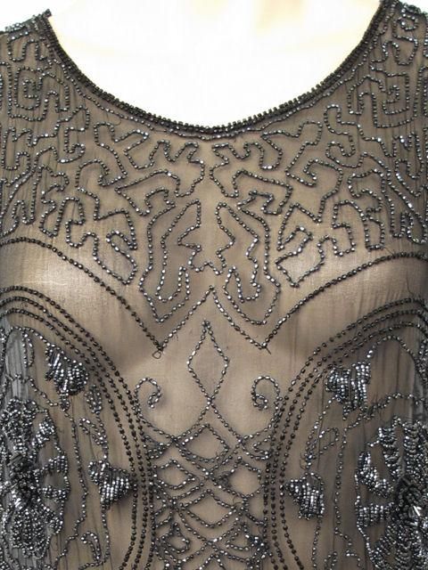 Women's 1920's Black Sheer Silk & Glass Beads Flapper Dress For Sale