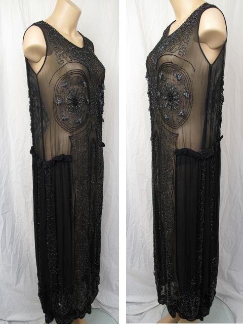 1920's Black Sheer Silk & Glass Beads Flapper Dress For Sale 3