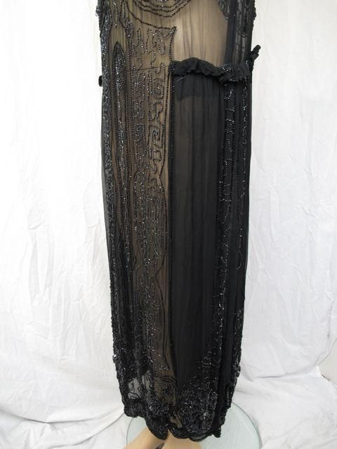 1920's Black Sheer Silk & Glass Beads Flapper Dress For Sale 4