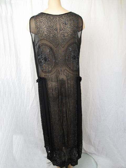 1920's Black Sheer Silk & Glass Beads Flapper Dress For Sale 5