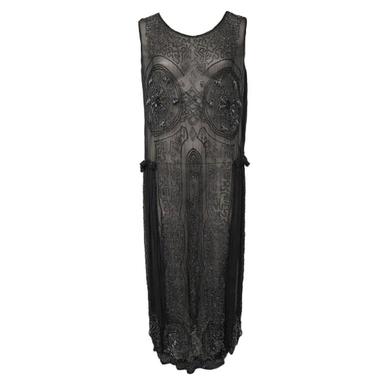 1920's Black Sheer Silk & Glass Beads Flapper Dress For Sale