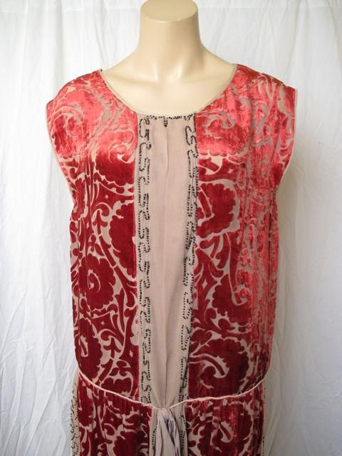 Women's 1920's Silk Burned Out Red Velvet & Glass Bead Flapper Dress For Sale