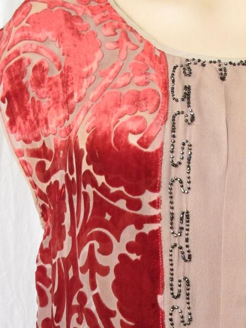 1920's Silk Burned Out Red Velvet & Glass Bead Flapper Dress For Sale 1