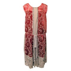 1920's Silk Burned Out Red Velvet & Glass Bead Flapper Dress