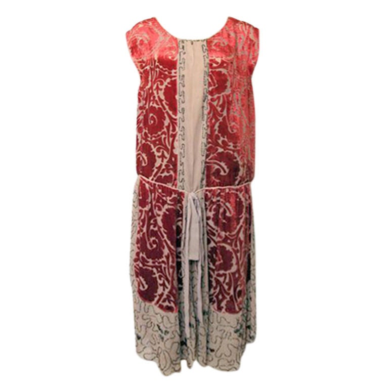 1920's Silk Burned Out Red Velvet & Glass Bead Flapper Dress For Sale