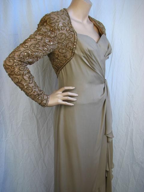 NOLAN MILLER COUTURE Beads & Rhinestone Taupe Gown For Sale 1