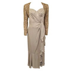 NOLAN MILLER COUTURE Beads & Rhinestone Taupe Gown