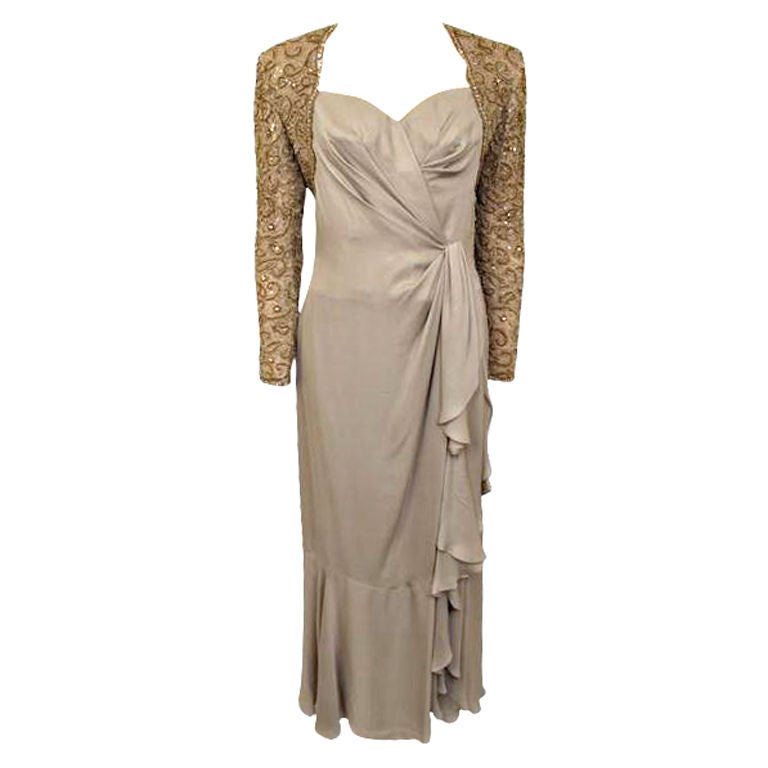 NOLAN MILLER COUTURE Beads & Rhinestone Taupe Gown For Sale