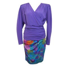 UNGARO 2pc Purple Wrap Ruched Top & Floral Skirt