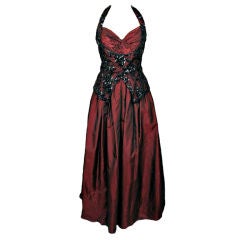 VICTOR COSTA Blk Lace & Sequins Over Burgundy Ball Gown