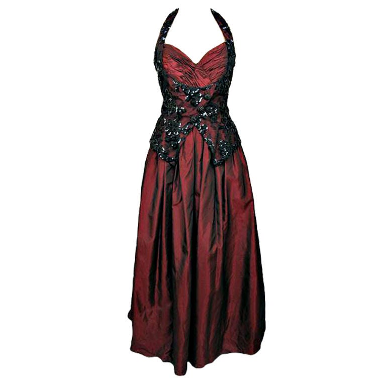 VICTOR COSTA Blk Lace & Sequins Over Burgundy Ball Gown For Sale