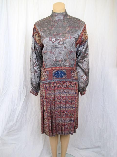 GALANOS Gray Floral Lace Over Print Drop Waist Dress