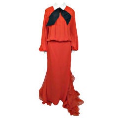 Vintage ISAAC MIZRAHI Red Drop Waist Ruffled Train Dress