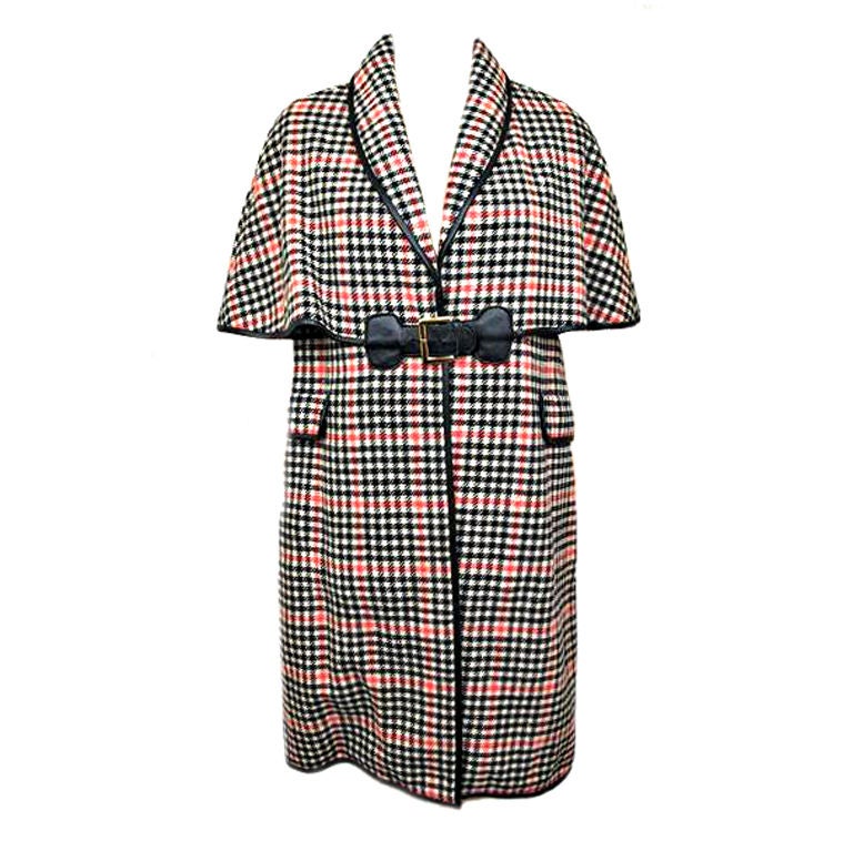 BONNIE CASHIN Red/Blk/Cream Plaid Caped Coat For Sale