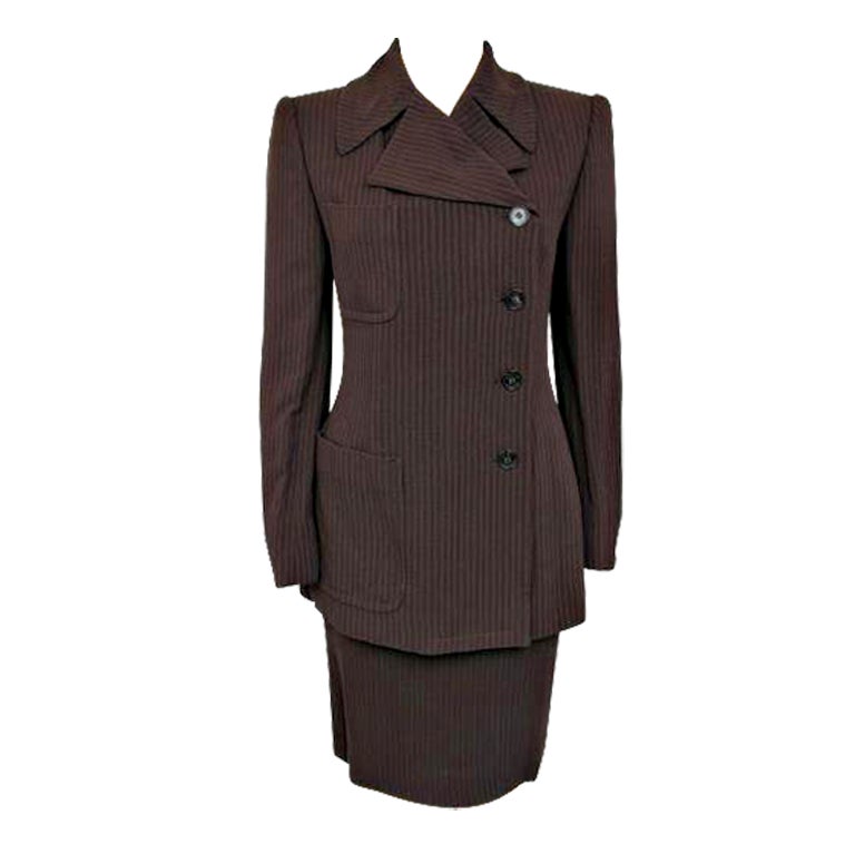 GUCCI Brown Pinstriped Pencil Skirtsuit For Sale