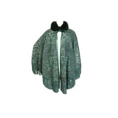 Vintage Christian Dior Green Suede & Fox Fringe Leather Poncho
