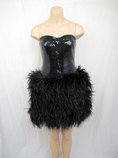LILLIE RUBIN Blk Sequin & Marabou Feather Strapless Dress