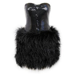 Retro LILLIE RUBIN Blk Sequin & Marabou Feather Strapless Dress