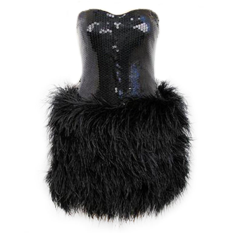 LILLIE RUBIN Blk Sequin & Marabou Feather Strapless Dress For Sale